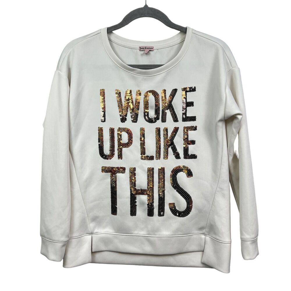 Juicy Couture Womens Gold Sequin Sweatshirt I Woke Up Like This Logo Ponte Sz M*